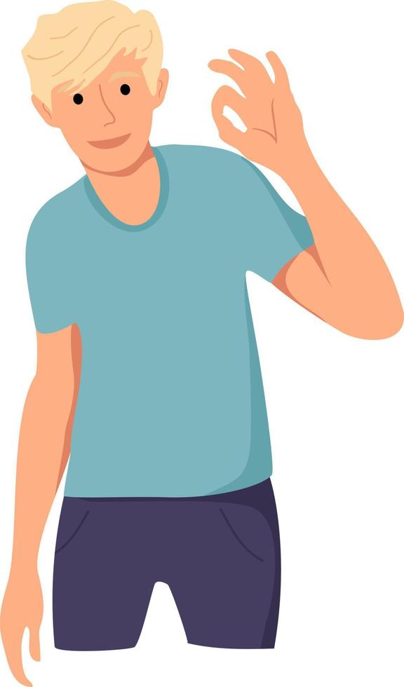 feliz joven emocionado está de pie muestra el signo ok. retrato de un tipo que muestra el signo de ok. plano de dibujos animados vector