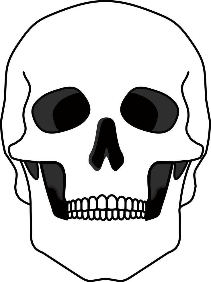 Skull bone face. Skull icon. Black and white cartoon smiling cute human skeleton head, drawn simple ghost front vector illustration.