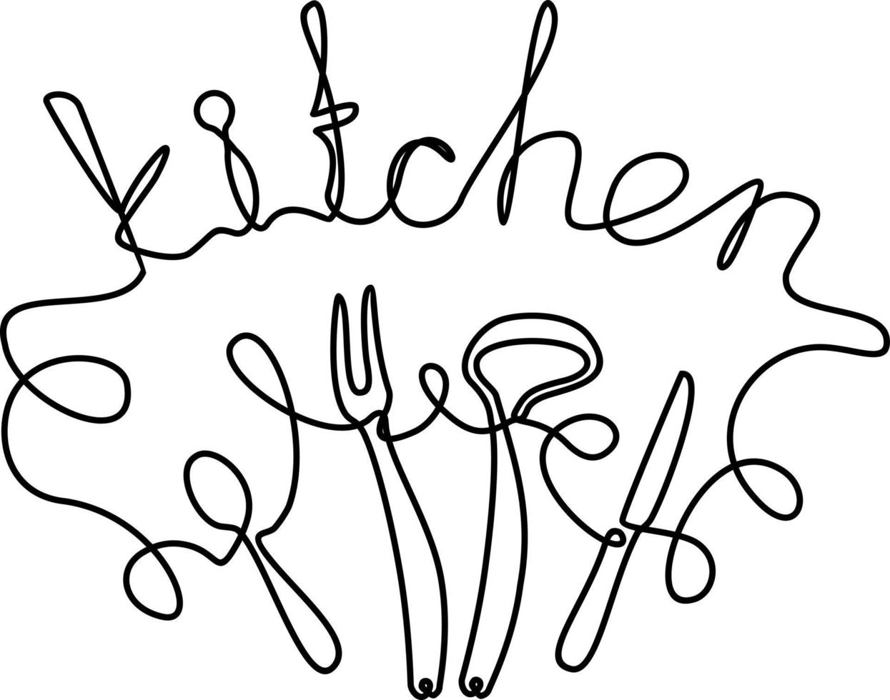 Kitchen. Phrase handwritten by one line. Monoline vector text element