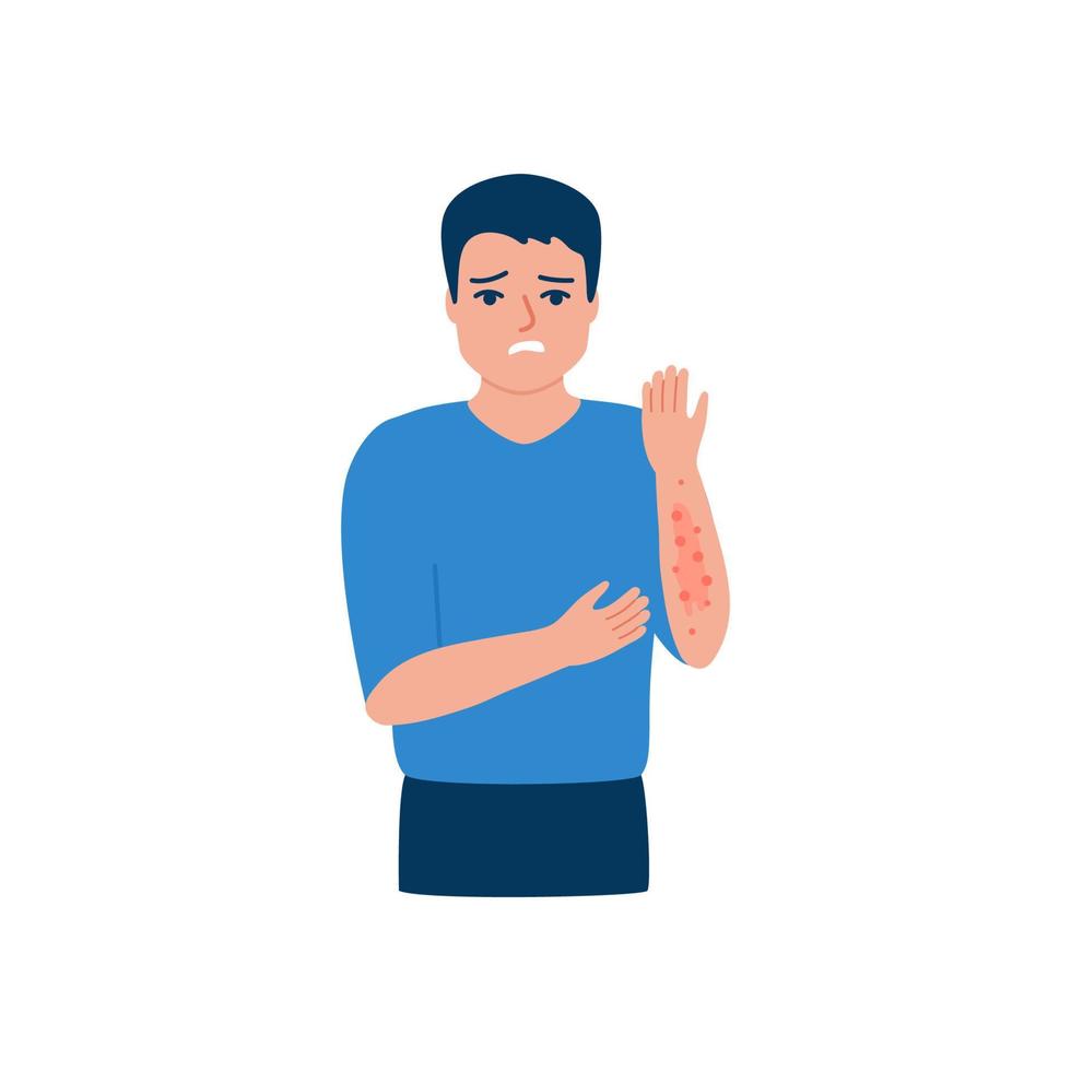 hombre rascándose el brazo, sarpullido, alergia en la mano, acné en la piel. hombre que sufre de picazón en la piel, enfermedad sintomática. ilustración vectorial vector