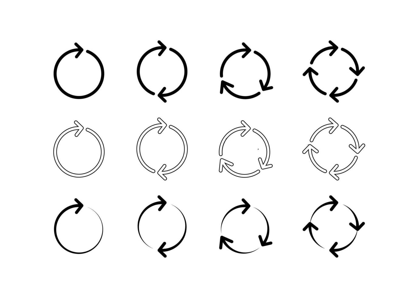 Set of black circle arrows, circular loop icon. Refresh, reload, recycle, rotation sign. Different spin arrows for infographics, web design. Vector illustration