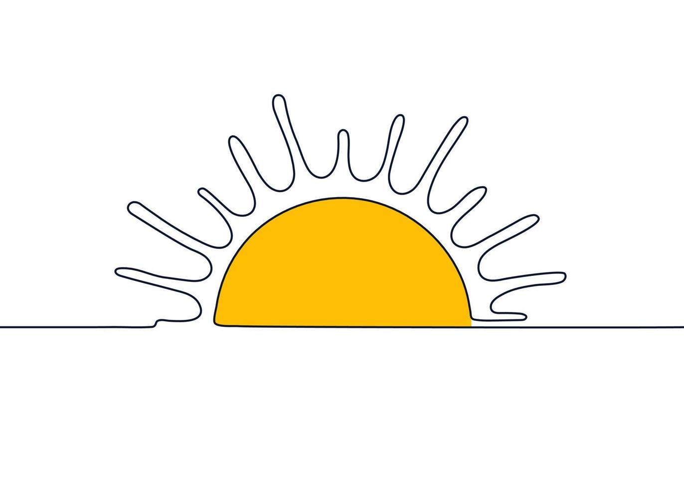 Sun one black continuous line, sunset and sunrise outline. One line drawing. Vector illustration