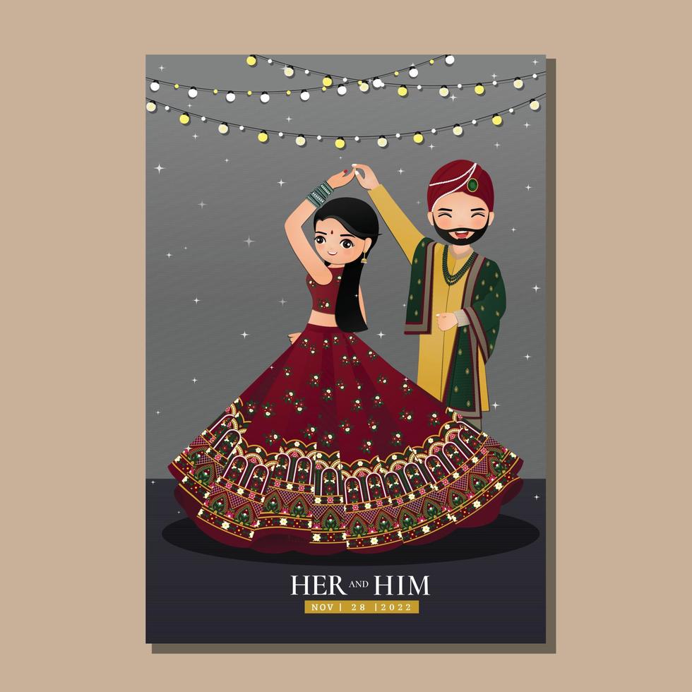 Bride and groom cute couple in traditional indian dress cartoon character vector