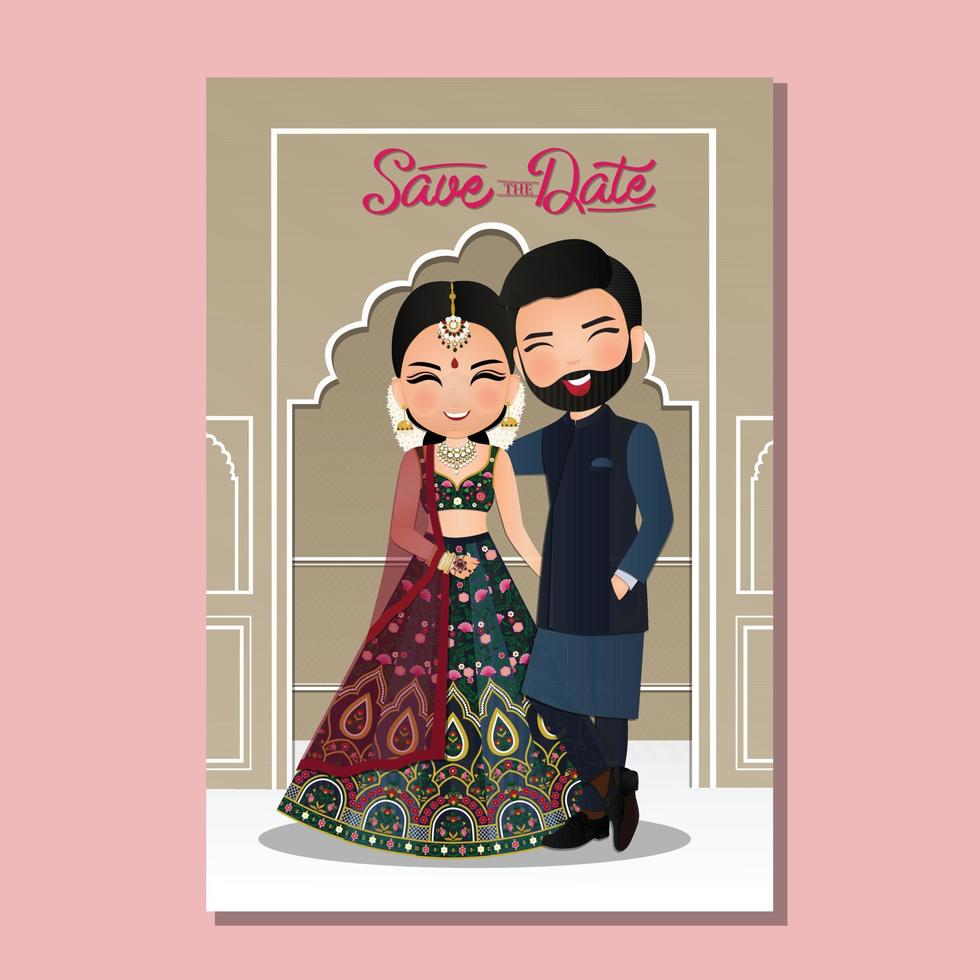 Cute couple in traditional indian dress cartoon character.Romantic wedding invitation card vector