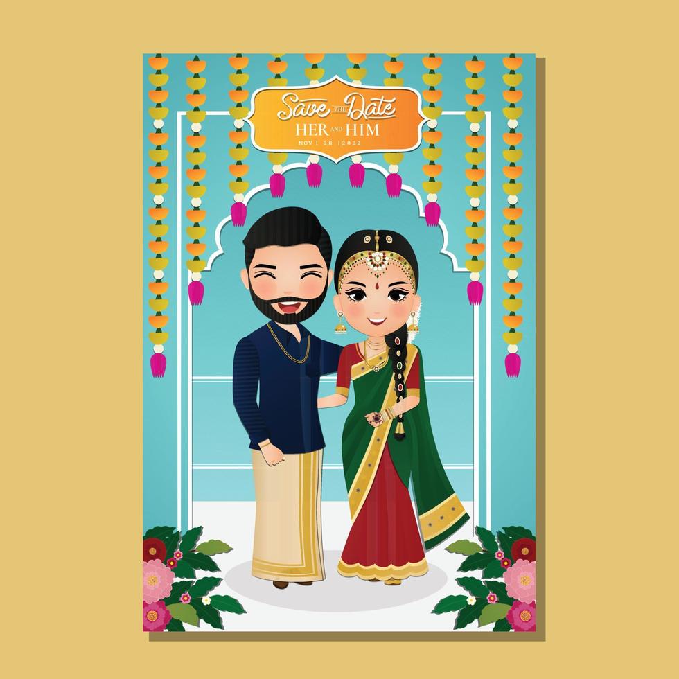 Cute couple in traditional indian dress cartoon character.Romantic wedding invitation card vector