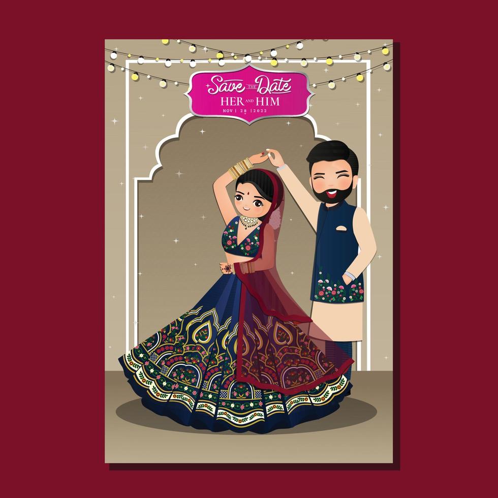 Bride and groom cute couple in traditional indian dress cartoon character vector