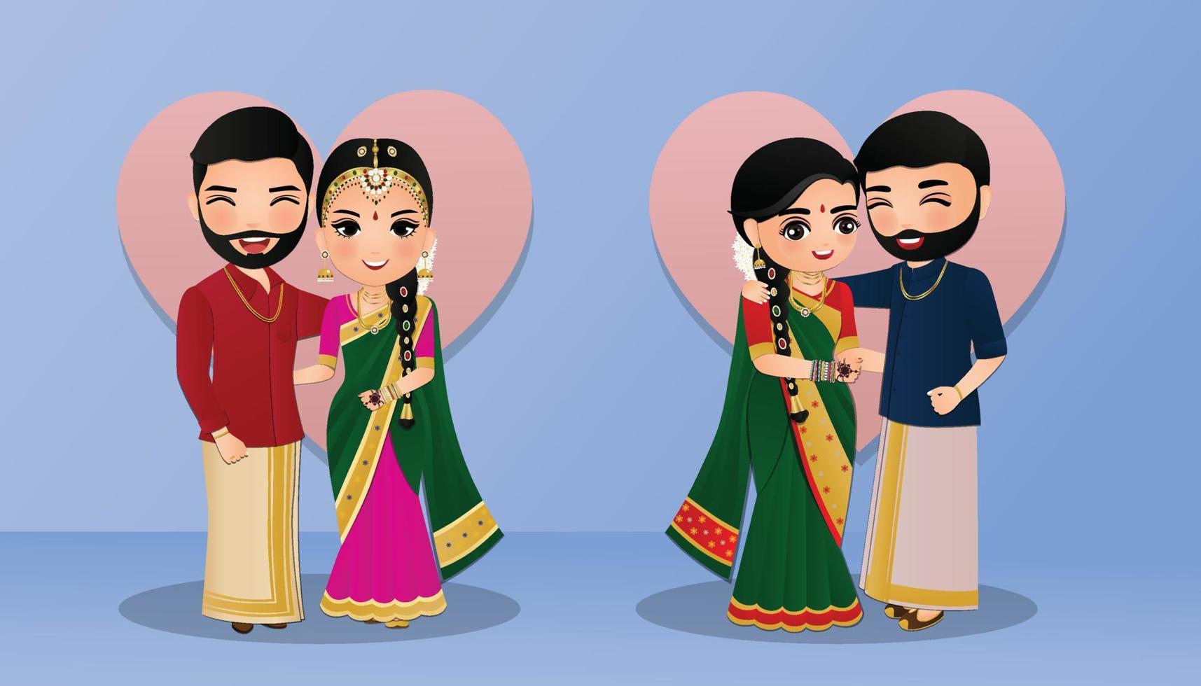 Set of Cute couple in traditional indian dress cartoon characters bride and groom.Wedding invitations card. vector