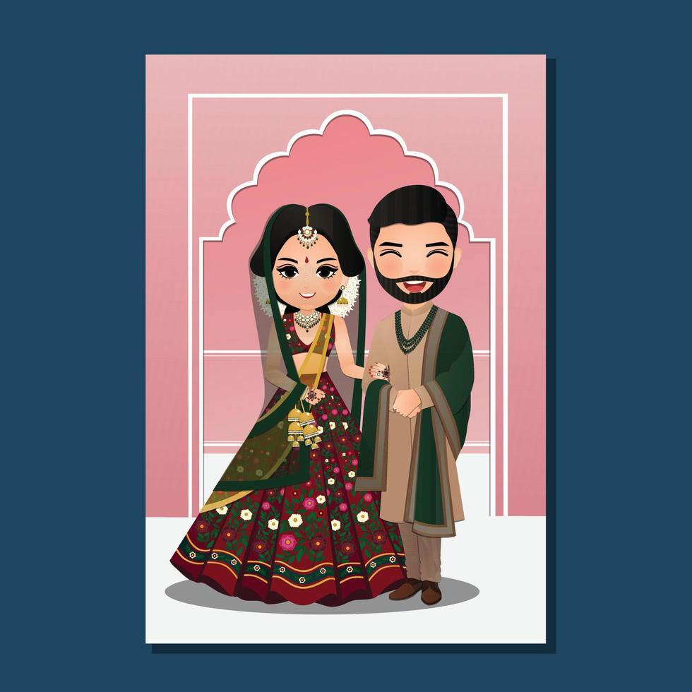 Cute couple in traditional indian dress cartoon character.Romantic wedding invitation card vector