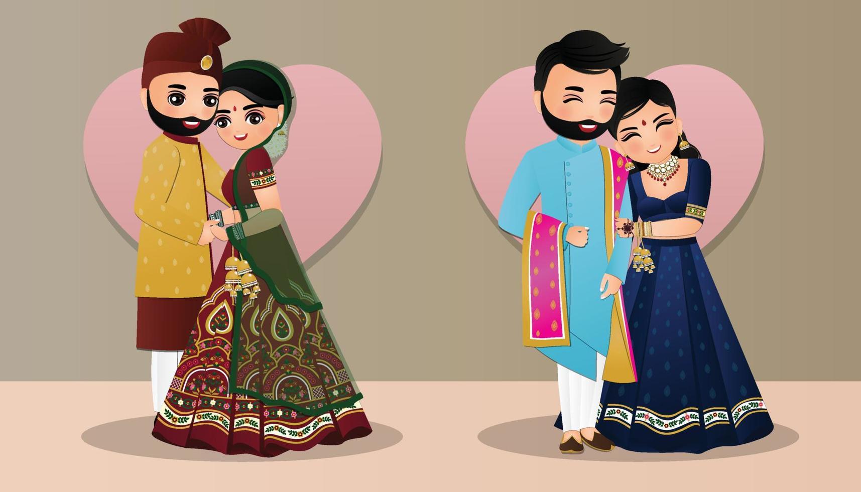 Set of Cute couple in traditional indian dress cartoon characters bride and groom.Wedding invitations card. vector