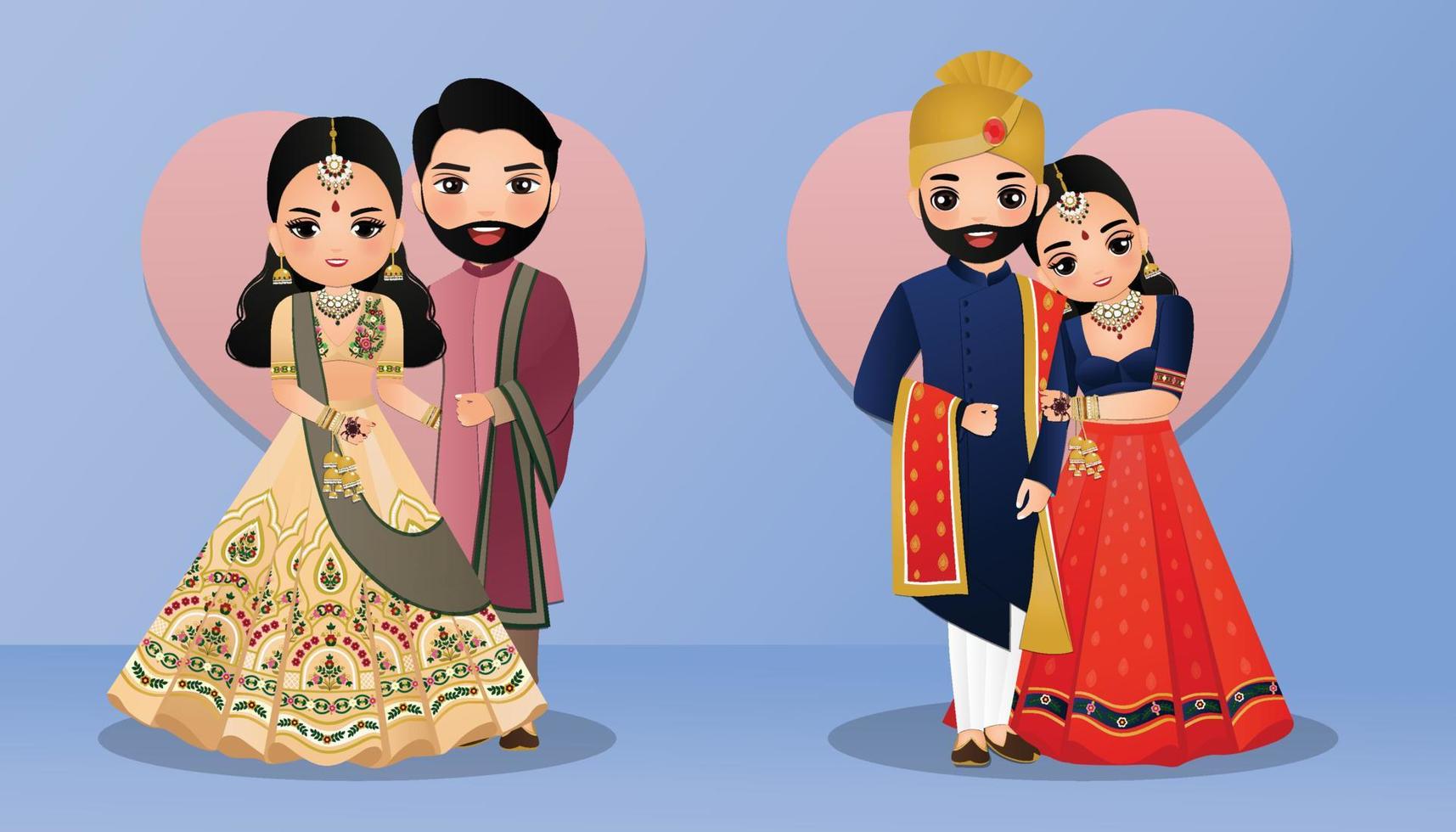 Set of Cute couple in traditional indian dress cartoon characters bride and groom.Wedding invitations card. vector