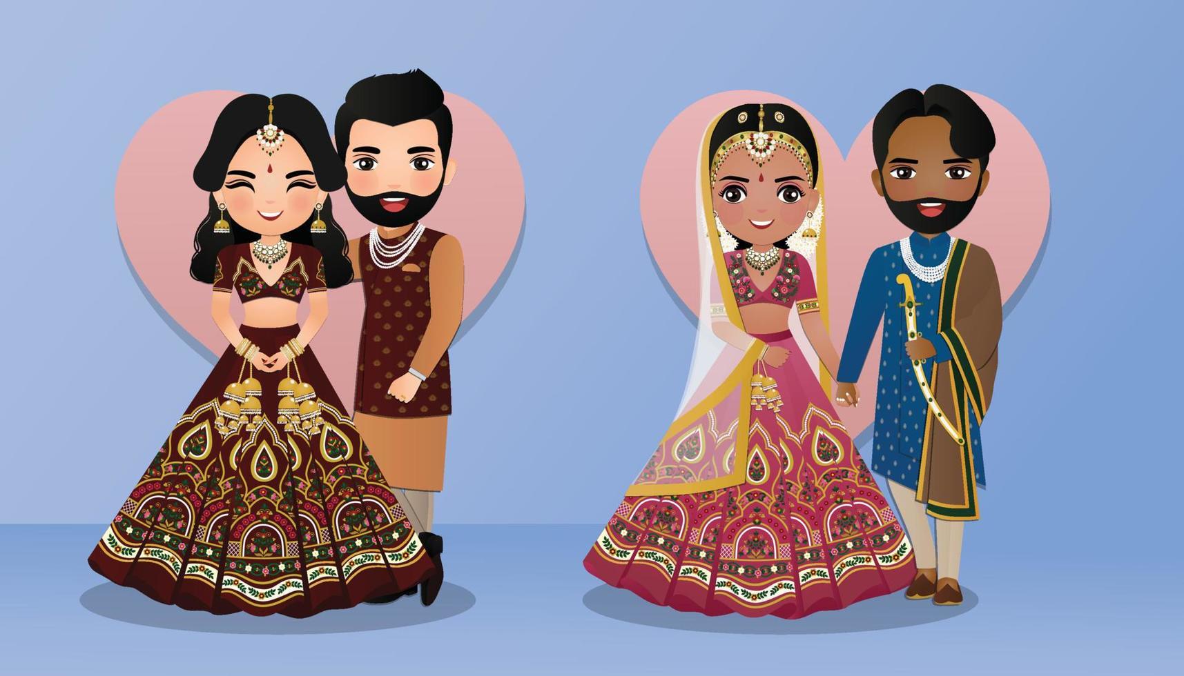 Set of Cute couple in traditional indian dress cartoon characters bride and groom.Wedding invitations card. vector