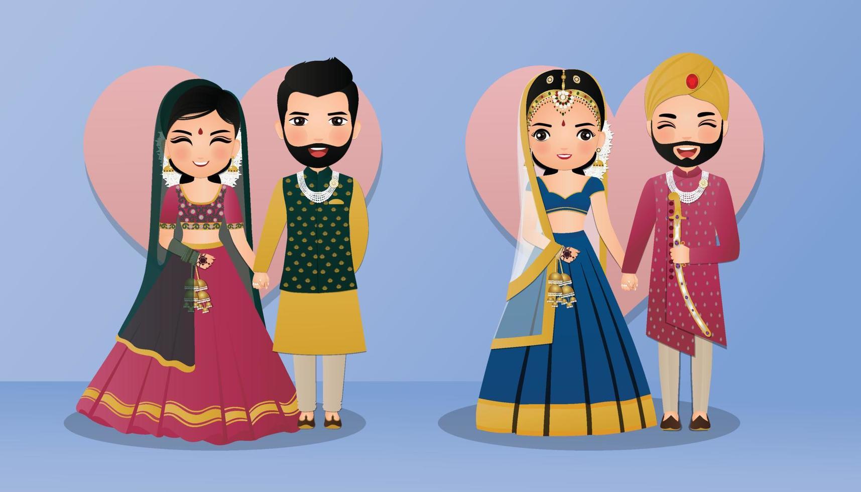 Set of Cute couple in traditional indian dress cartoon characters bride and groom.Wedding invitations card. vector