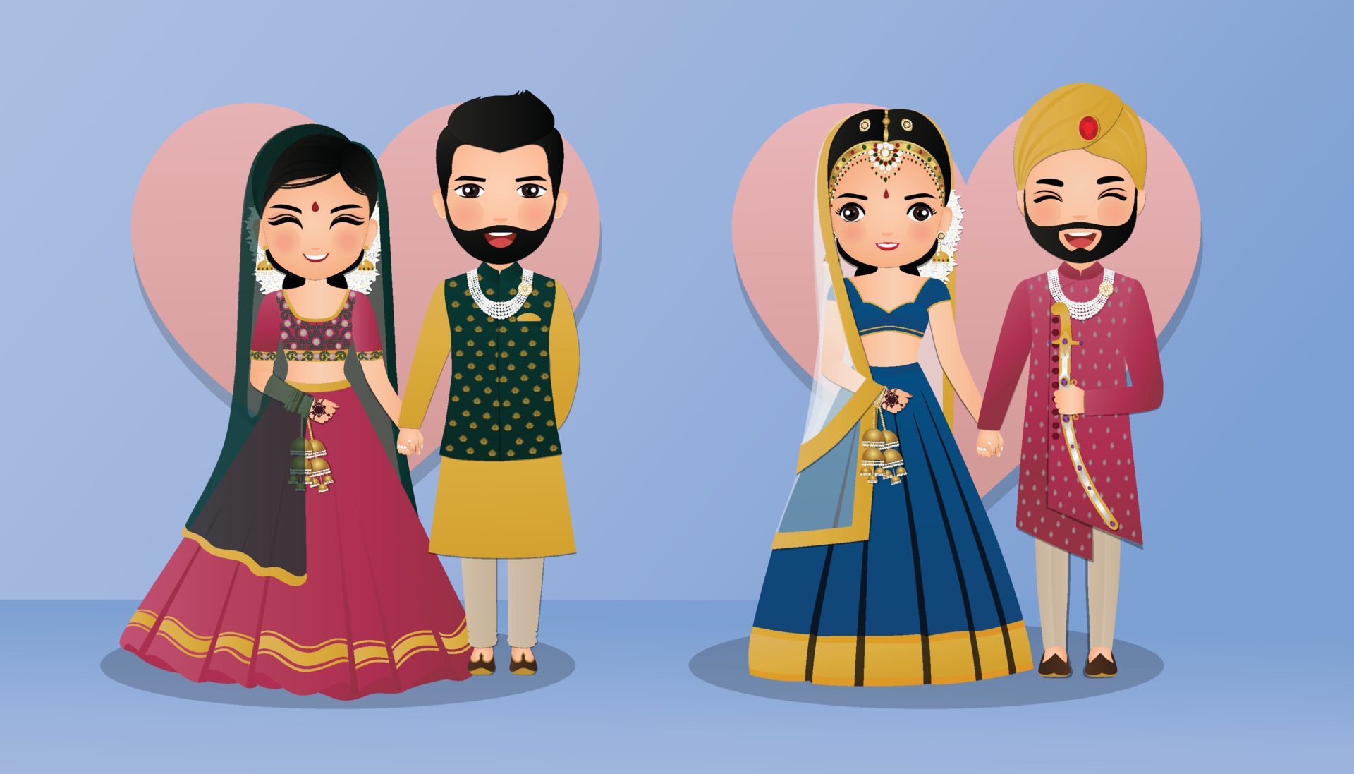 Set of Cute couple in traditional indian dress cartoon characters bride and invitations card. 7315166 Vector Art at Vecteezy Set of Cute couple in traditional indian dress cartoon characters bride and invitations card. 7315166 Vector Art at Vecteezy