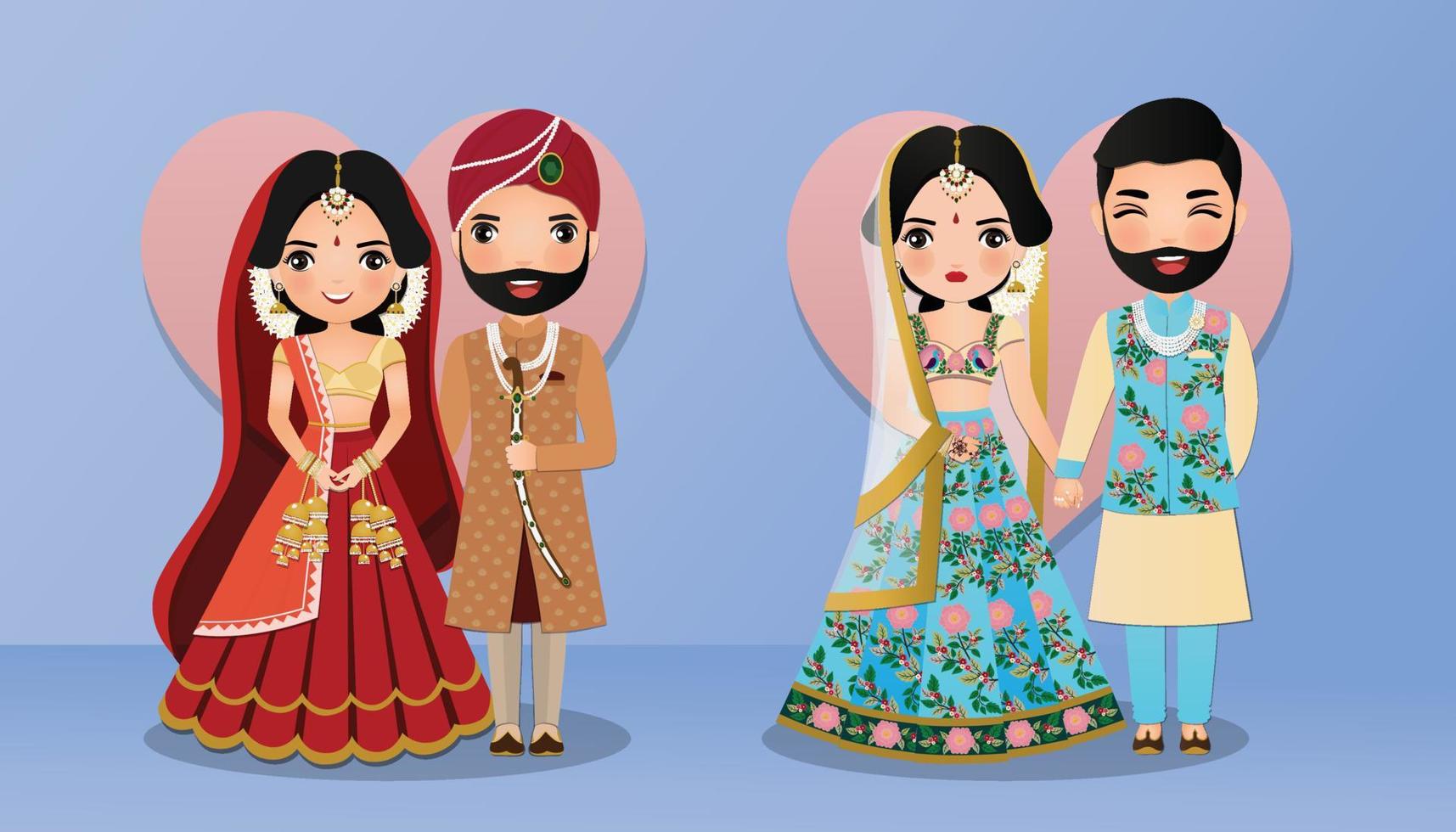 Set of Cute couple in traditional indian dress cartoon characters bride and groom.Wedding invitations card. vector