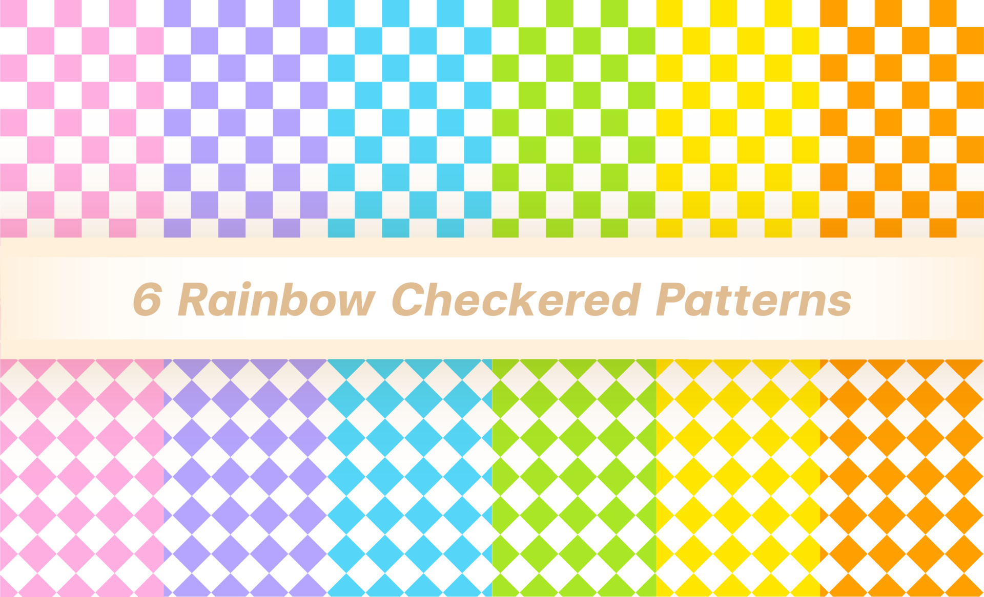 Set of 6 Solid Rainbow Checkered Patterns Blue Purple Pink Orange