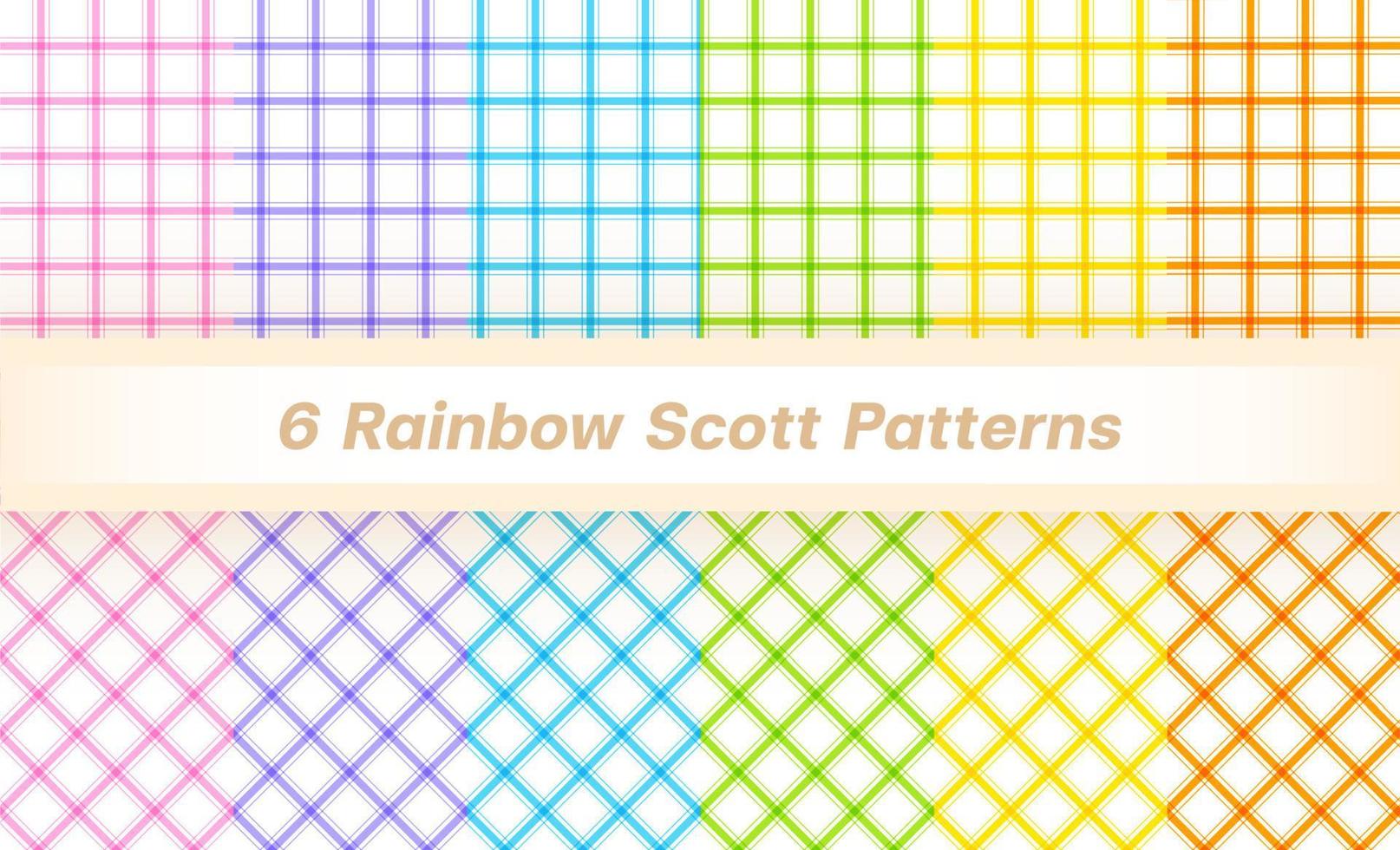 Set of 6 Pastel Rainbow Scott Plaid Tartan Gingham Line Striped Strip Checkered Patterns Background Vector Illustration Tablecloth, Picnic mat wrap paper