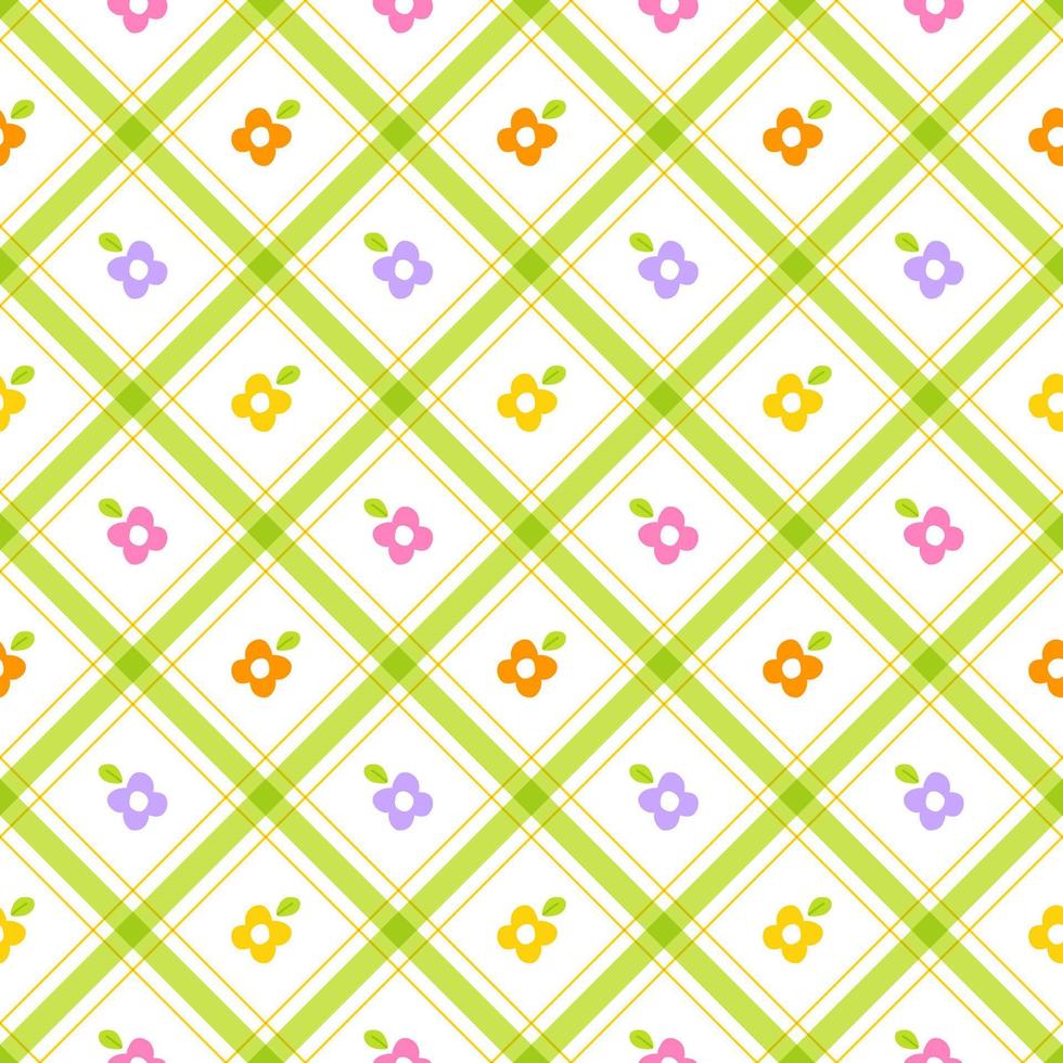 lindo margarita flor hoja elemento naranja amarillo verde púrpura lila violeta rosa raya diagonal línea rayada inclinación cuadros cuadros tartán búfalo scott guinga patrón ilustración papel de regalo, picnic vector