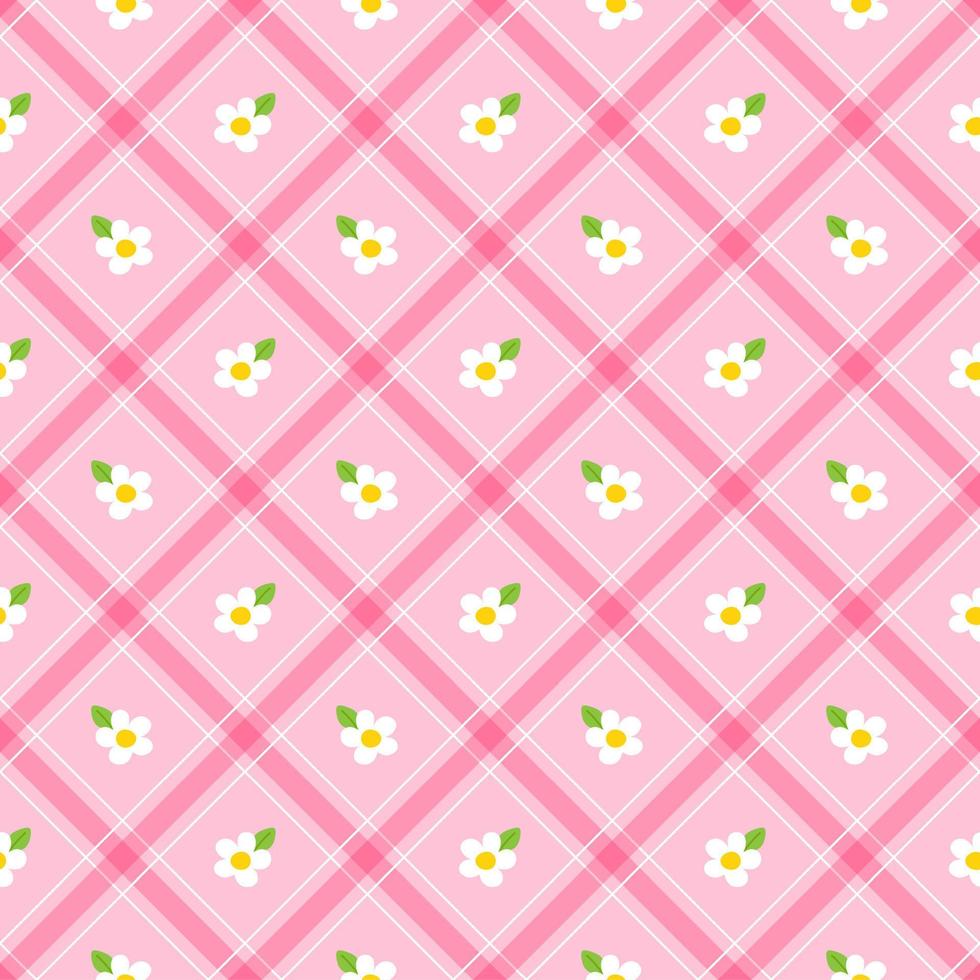 Cute White Daisy Flower Leaf Element Pink Green Diagonal Stripe Striped Line Tilt Checkered Plaid Tartan Buffalo Scott Gingham Pattern Illustration Wrapping Paper, Picnic Mat, Tablecloth, Scarf vector
