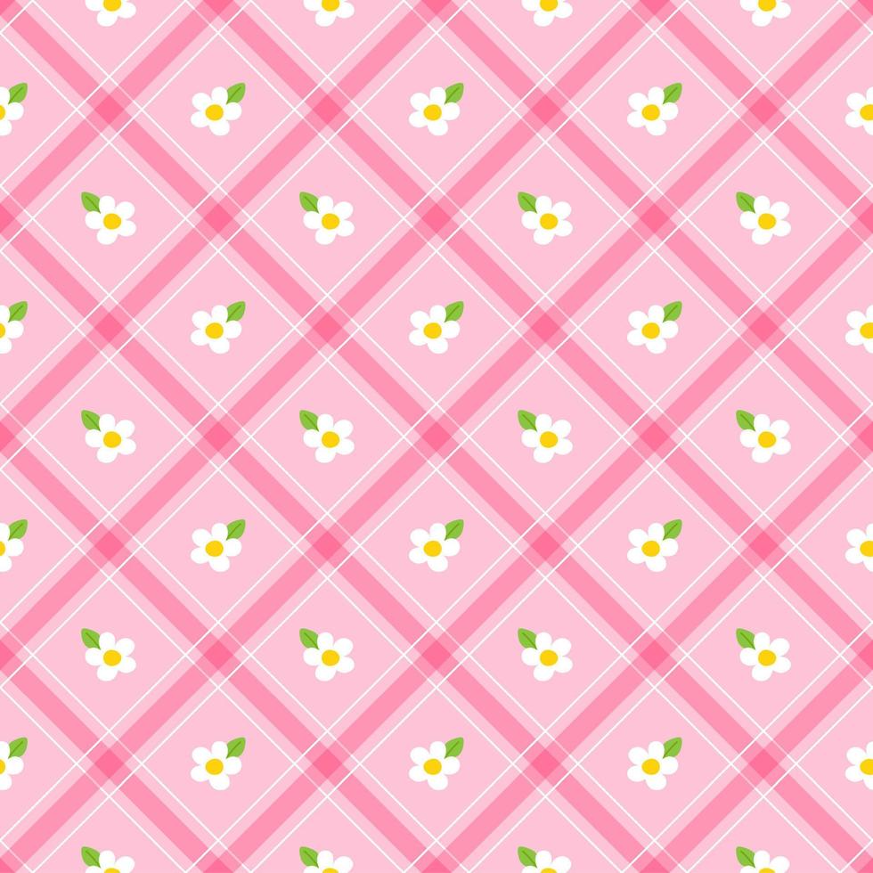 Cute White Daisy Flower Leaf Element Pink Green Diagonal Stripe Striped Line Tilt Checkered Plaid Tartan Buffalo Scott Gingham Pattern Illustration Wrapping Paper, Picnic Mat, Tablecloth, Scarf vector