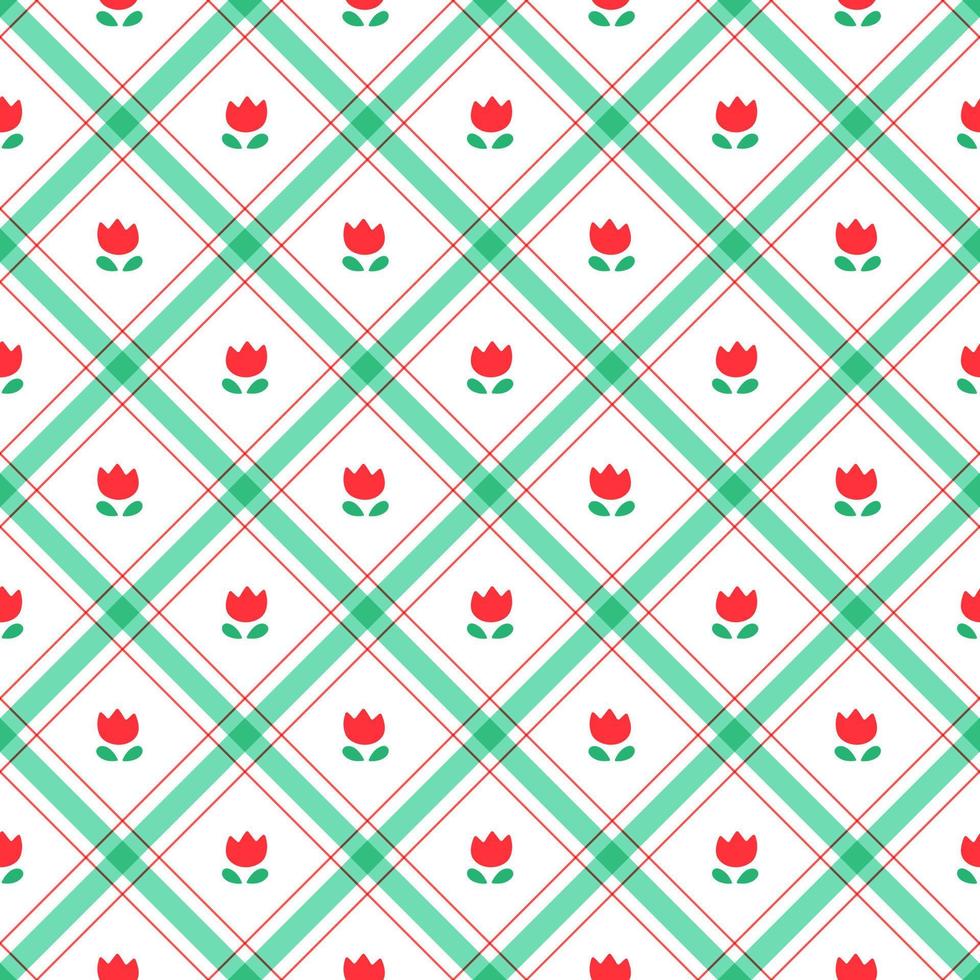 Cute Tulips Flowers leaf Element Red Green Diagonal Stripe Striped Line Tilt Checkered Plaid Tartan Buffalo Scott Gingham Pattern Illustration Wrapping Paper, Picnic, Scarf vector