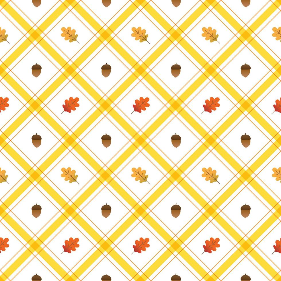 Cute Oak Leaf Acorn Autumn Fall Element Yellow Orange Brown Diagonal Stripe Striped Line Tilt Checkered Plaid Tartan Buffalo Scott Gingham Pattern Illustration Wrapping Paper, Picnic Mat, Scarf vector