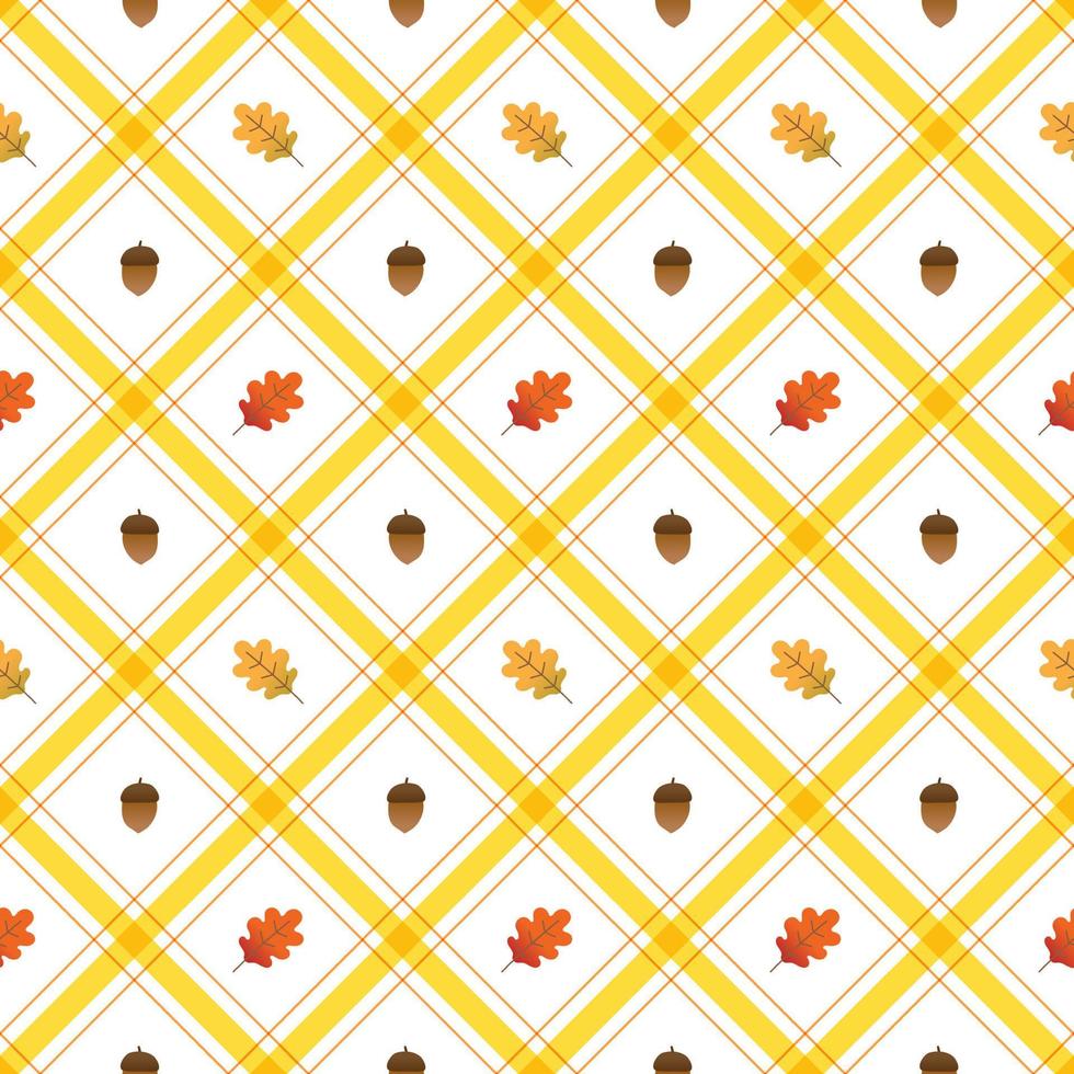 Cute Oak Leaf Acorn Autumn Fall Element Yellow Orange Brown Diagonal Stripe Striped Line Tilt Checkered Plaid Tartan Buffalo Scott Gingham Pattern Illustration Wrapping Paper, Picnic Mat, Scarf vector