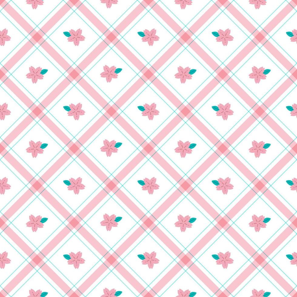 Cute Sakura leaf Element Pink Blue Diagonal Stripe Striped Line Tilt Checkered Plaid Tartan Buffalo Scott Gingham Pattern Illustration Wrapping Paper, Picnic Mat, Tablecloth, Scarf vector