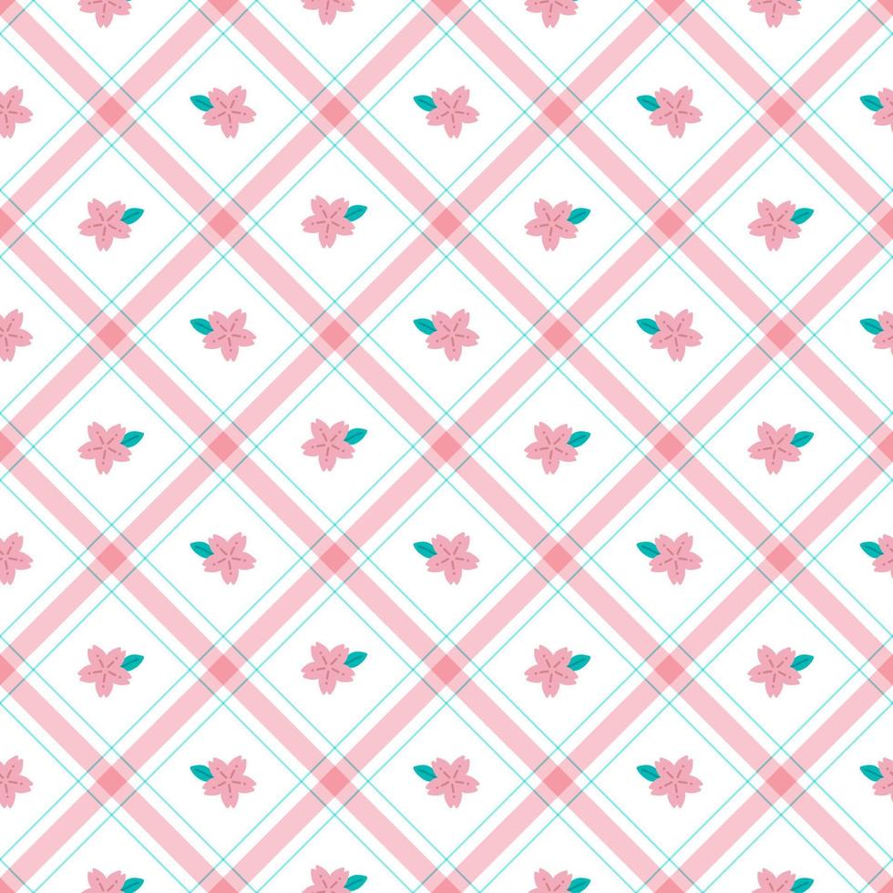 Cute Sakura leaf Element Pink Blue Diagonal Stripe Striped Line Tilt Checkered Plaid Tartan Buffalo Scott Gingham Pattern Illustration Wrapping Paper, Picnic Mat, Tablecloth, Scarf vector