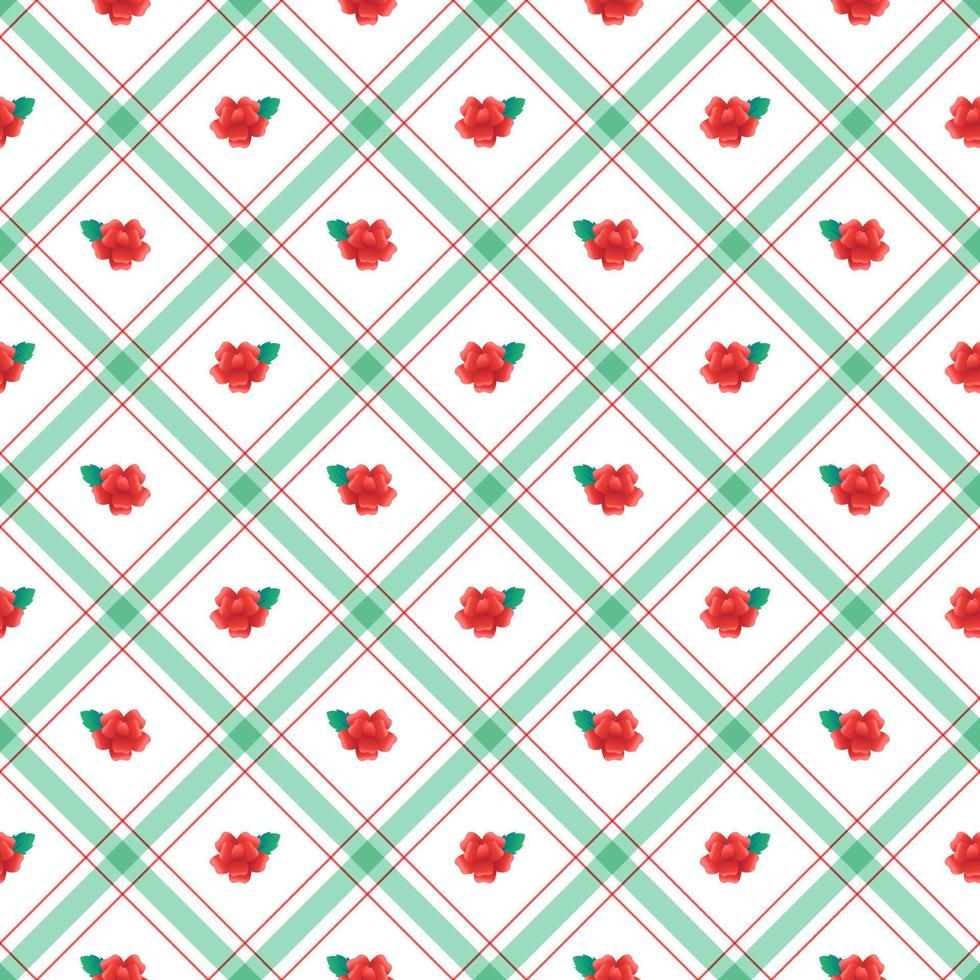 Cute Red Rose leaf Element Red Green Diagonal Stripe Striped Line Tilt Checkered Plaid Tartan Buffalo Scott Gingham Pattern Illustration Wrapping Paper, Picnic Mat, Tablecloth, Scarf vector