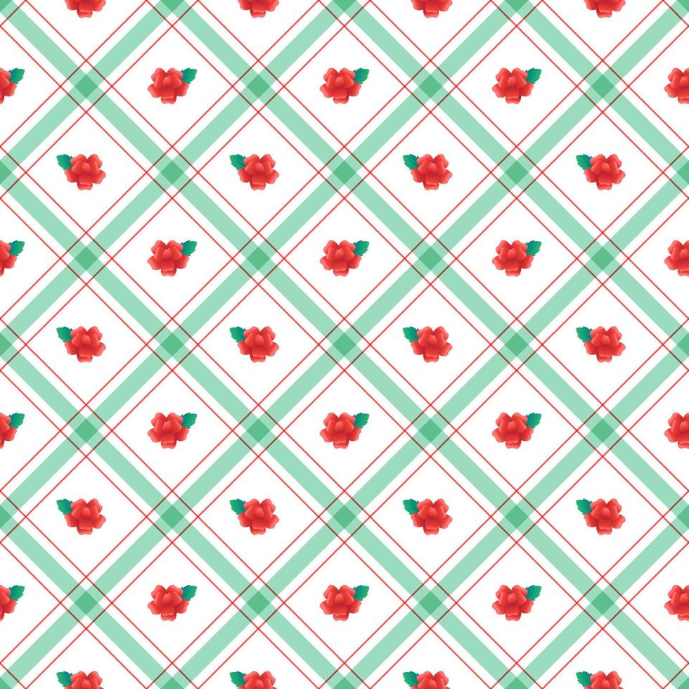 Cute Red Rose leaf Element Red Green Diagonal Stripe Striped Line Tilt Checkered Plaid Tartan Buffalo Scott Gingham Pattern Illustration Wrapping Paper, Picnic Mat, Tablecloth, Scarf vector