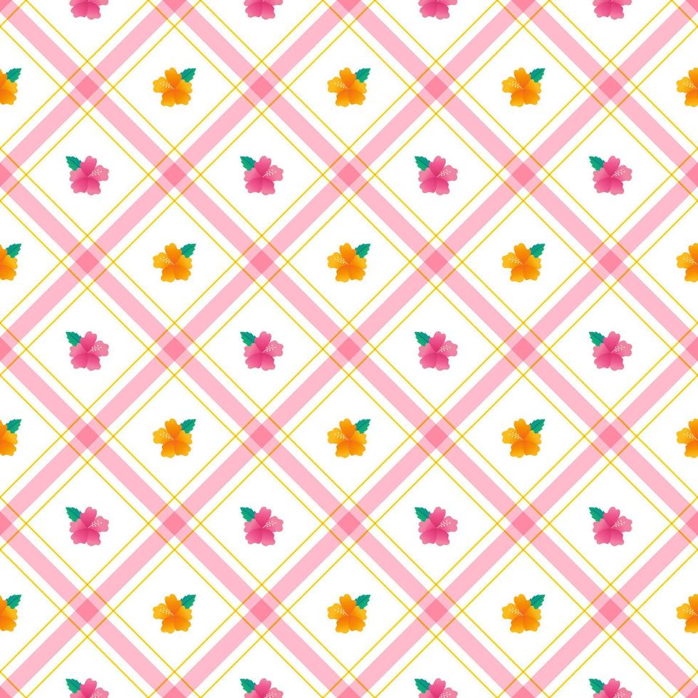 Cute Hibiscus Flower leaf Element Orange Yellow Pink Green Diagonal Stripe Striped Line Tilt Checkered Plaid Tartan Buffalo Scott Gingham PatternIllustration Wrapping Paper, Picnic Mat, Tablecloth vector