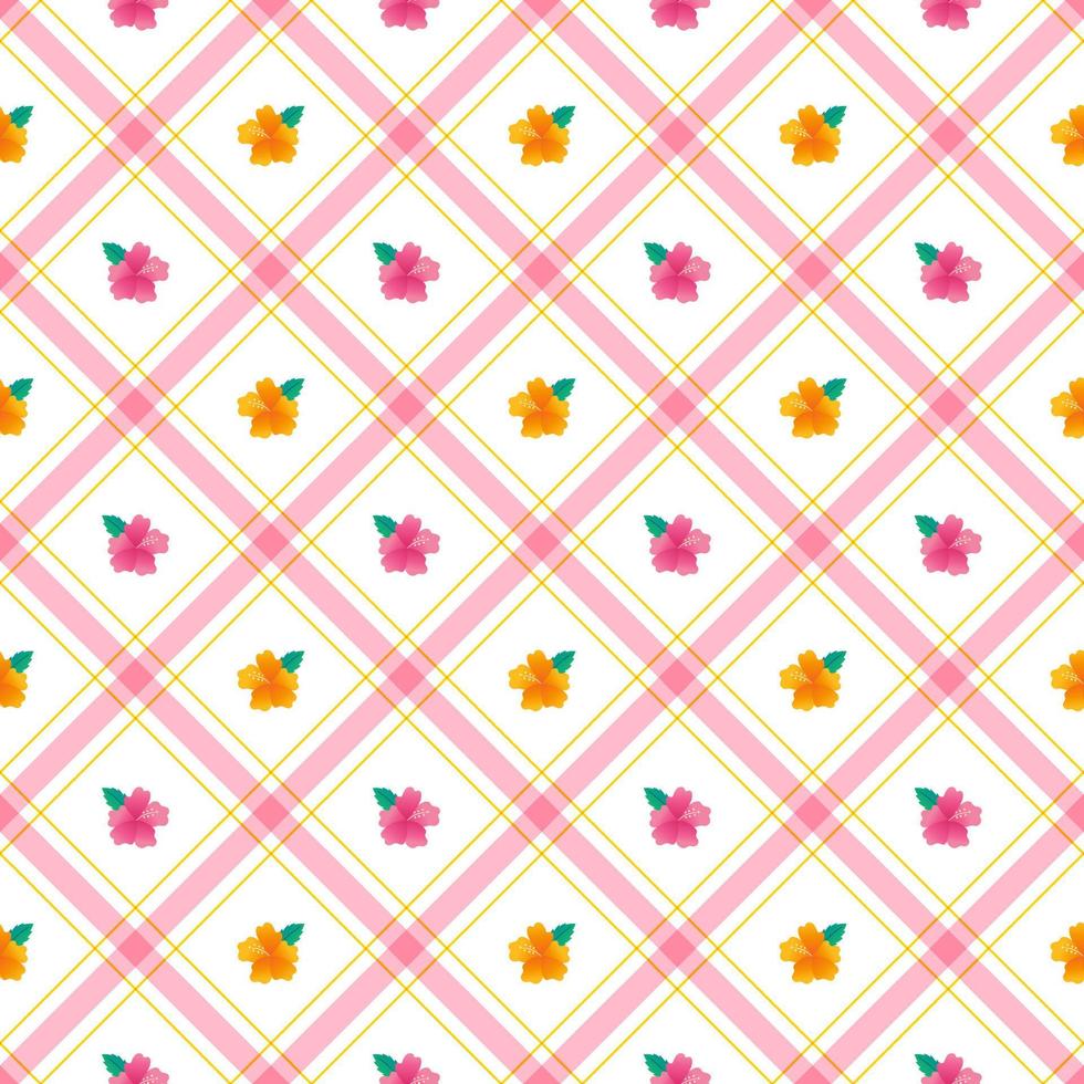 elemento de hoja de flor de hibisco lindo naranja amarillo rosa verde raya diagonal línea rayada inclinación a cuadros tartán búfalo scott gingham patrón ilustración papel de regalo, tapete de picnic, mantel vector