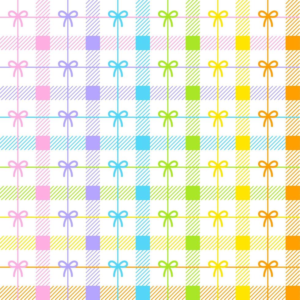 Pastel Rainbow Cute Ribbon Bow Present Gift Box Line Scott Checkered Plaid Tartan Gingham Pattern Square Background Vector Cartoon Illustration Tablecloth, Picnic mat wrap paper, Mat, Fabric