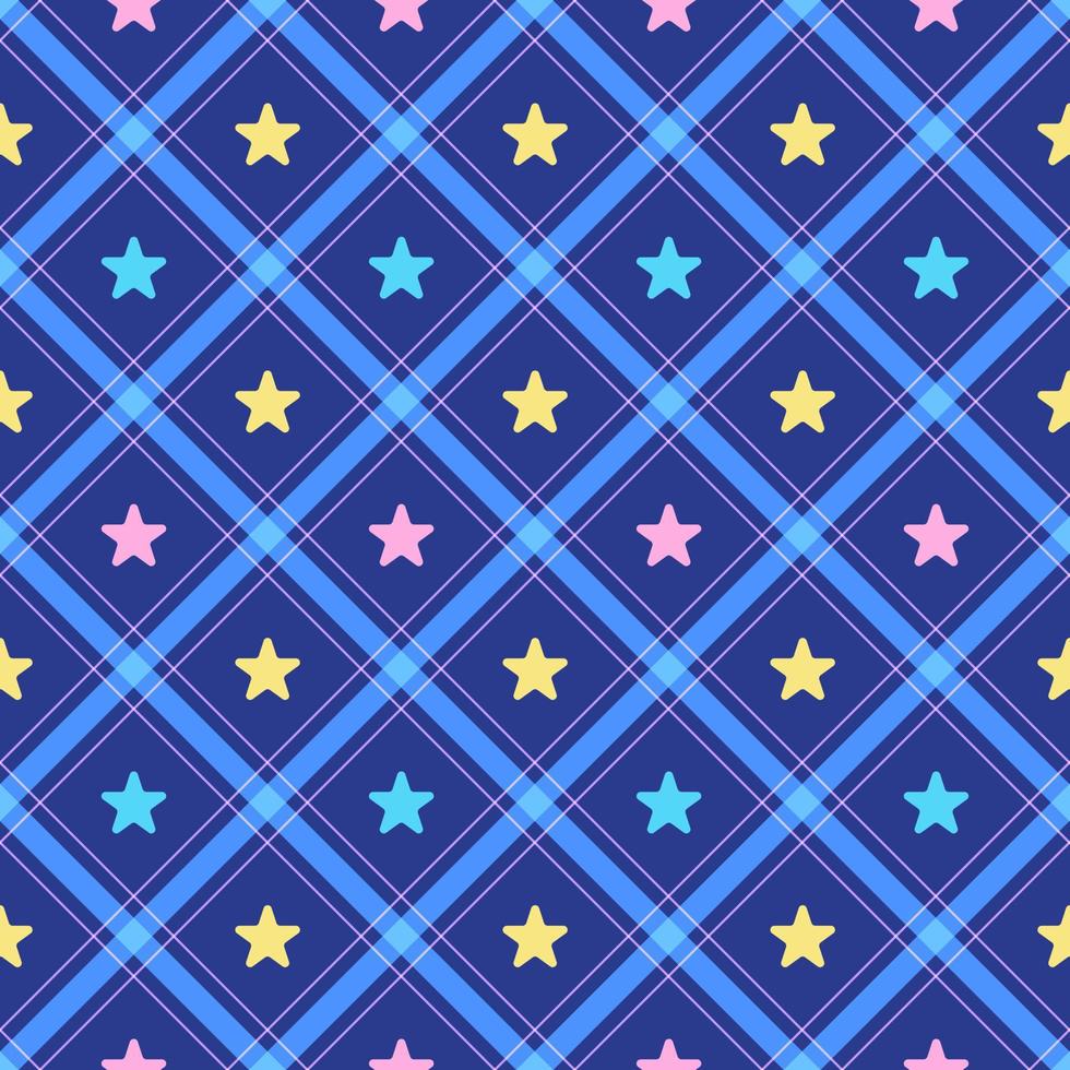 Cute Star Space Shine Sparkle Dark Night Sky Element Rainbow Pastel Diagonal Stripe Striped Line Tilt Checkered Plaid Tartan Buffalo Scott Gingham Pattern Square Background Vector Cartoon Illustration