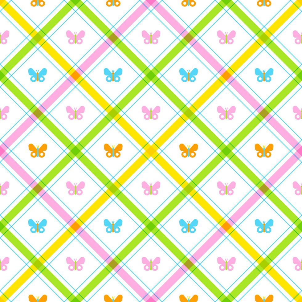 Cute Beautiful Butterfly Insect Element Rainbow Pastel Diagonal Stripe Striped Line Tilt Checkered Plaid Tartan Buffalo Scott Gingham Pattern Square Background Vector Cartoon Illustration Tablecloth