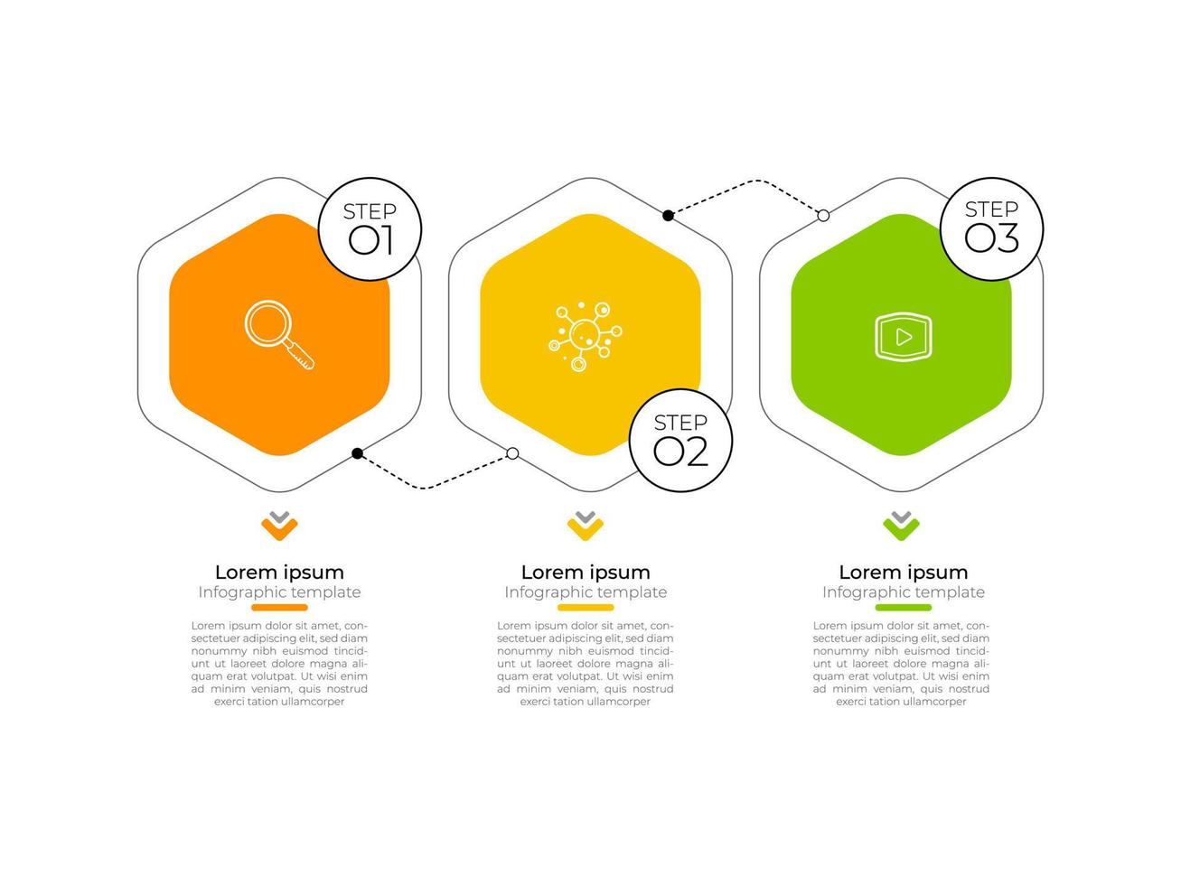 El vector de diseño de infografías de paso mínimo y los iconos se pueden utilizar para el diseño del flujo de trabajo, el diagrama y el informe anual. plantilla de diseño de línea de tiempo de infografía vectorial con 3 opciones, partes, pasos o procesos.