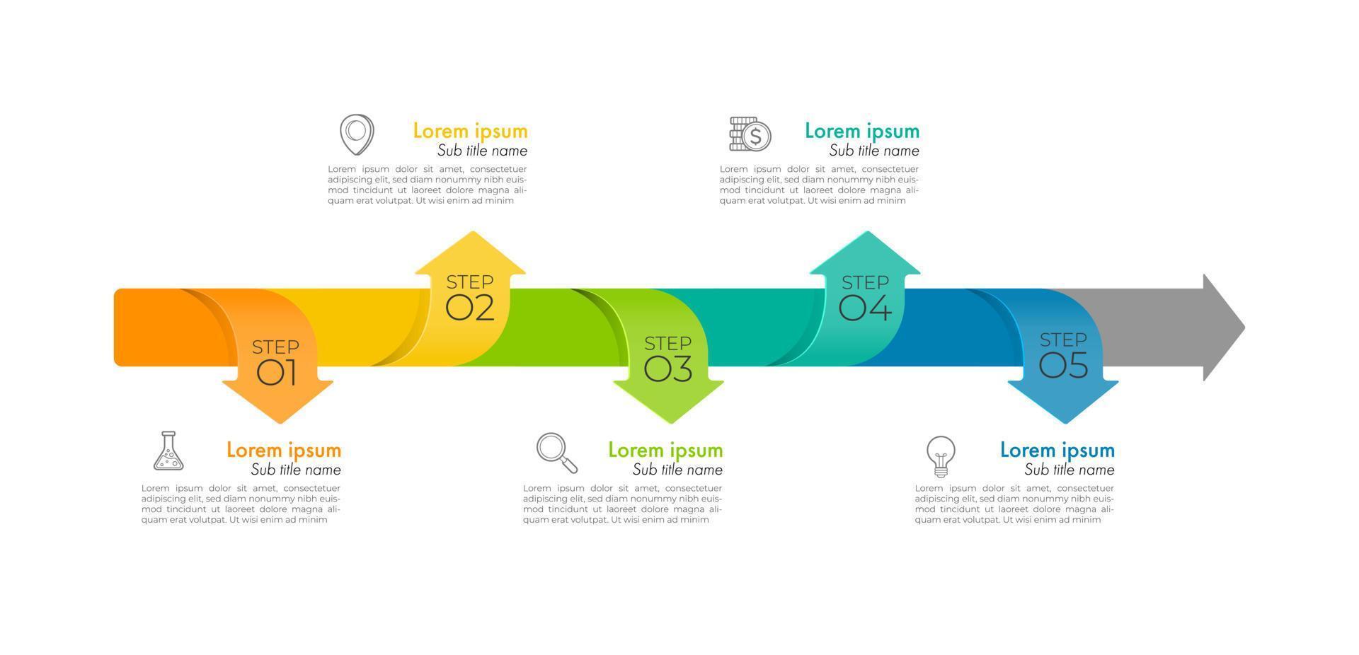 Business process chart infographics with 5 step, timeline infograph elements. Company presentation slide template. Modern vector info graphic layout design.