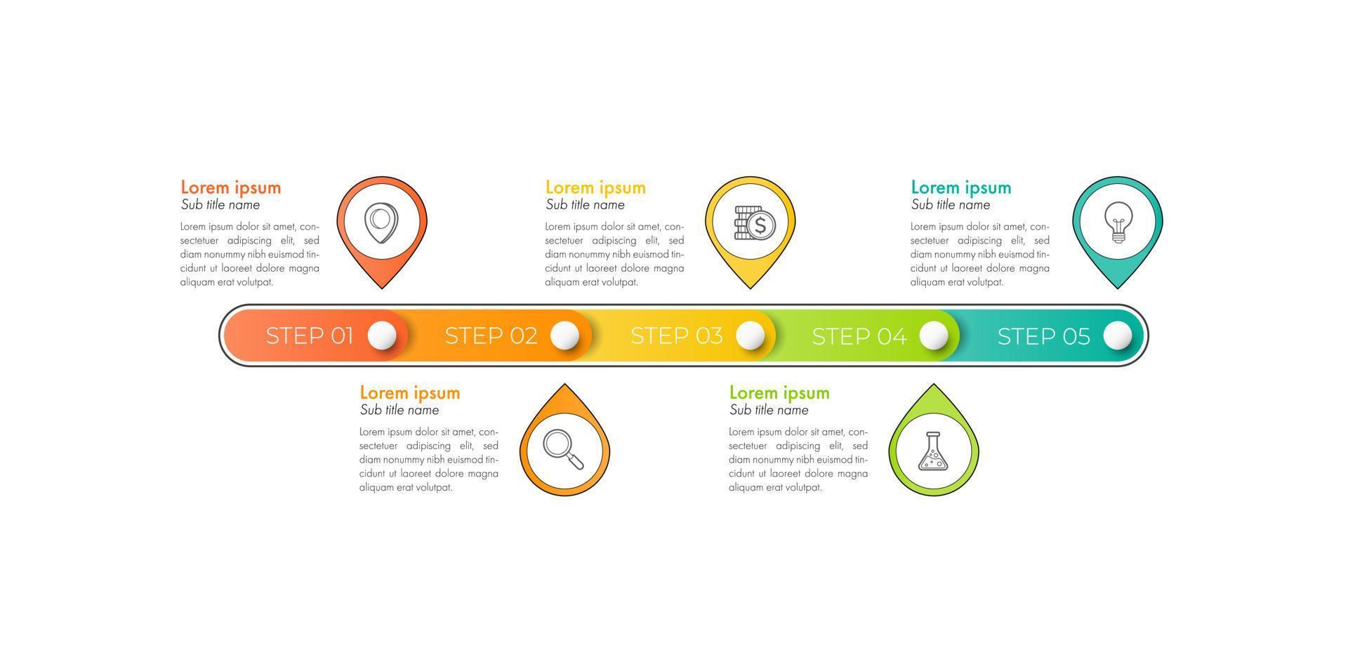 infografías de gráficos de procesos de negocios con 5 pasos, elementos infográficos de línea de tiempo. plantilla de diapositiva de presentación de la empresa. diseño de diseño gráfico de información vectorial moderna. vector