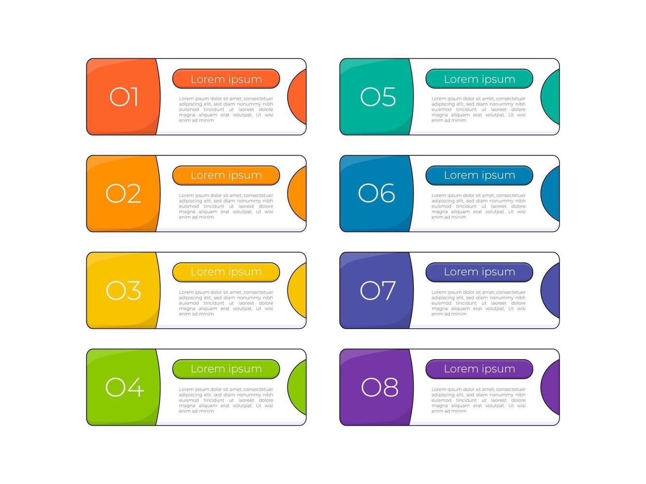 Modern infographics business flat design with 8 option concepts, parts, steps, arrows or processes can be used for workflow layout, diagram, number options, web design. infographic element. vector