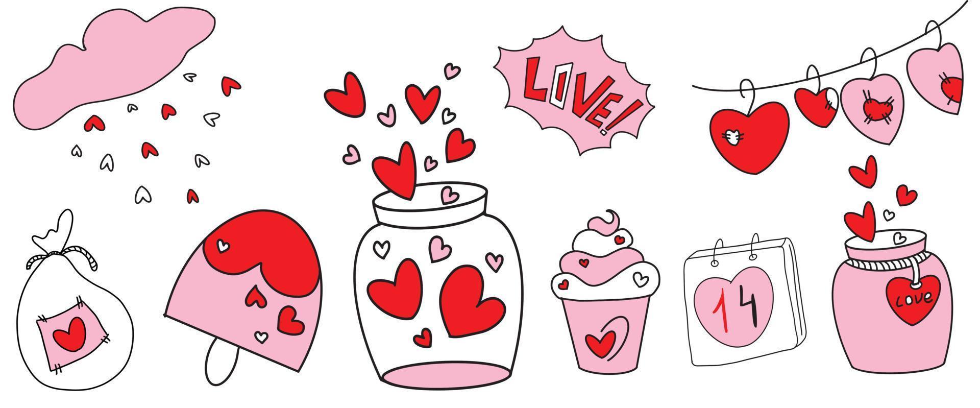 Vector doodle heart, love, ice cream, cake, jar and garland with hearts