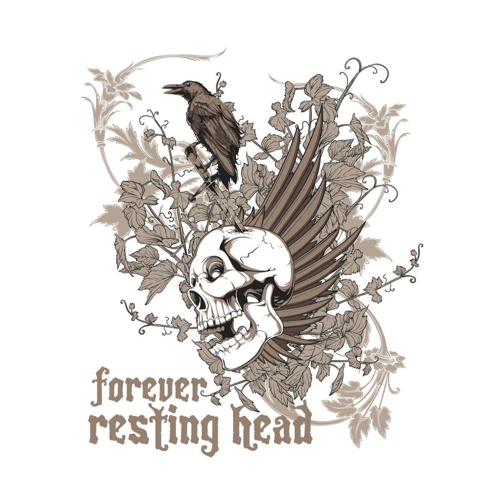 Forever Resting Skull Raven Death Floral Fly T-shirt.Can be used for t-shirt print, mug print, pillows, fashion print design, kids wear, baby shower, greeting and postcard. t-shirt design vector