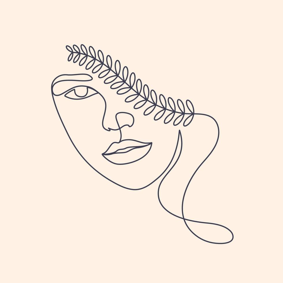 One Line Drawing Abstract Beautiful Girl Face Illustration With Natural Leaves vector