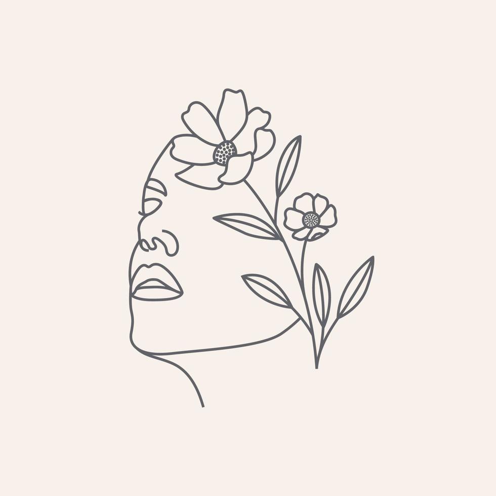 Fashion Line Drawing Floral Woman Face And Abstract Model Girl Illustration vector