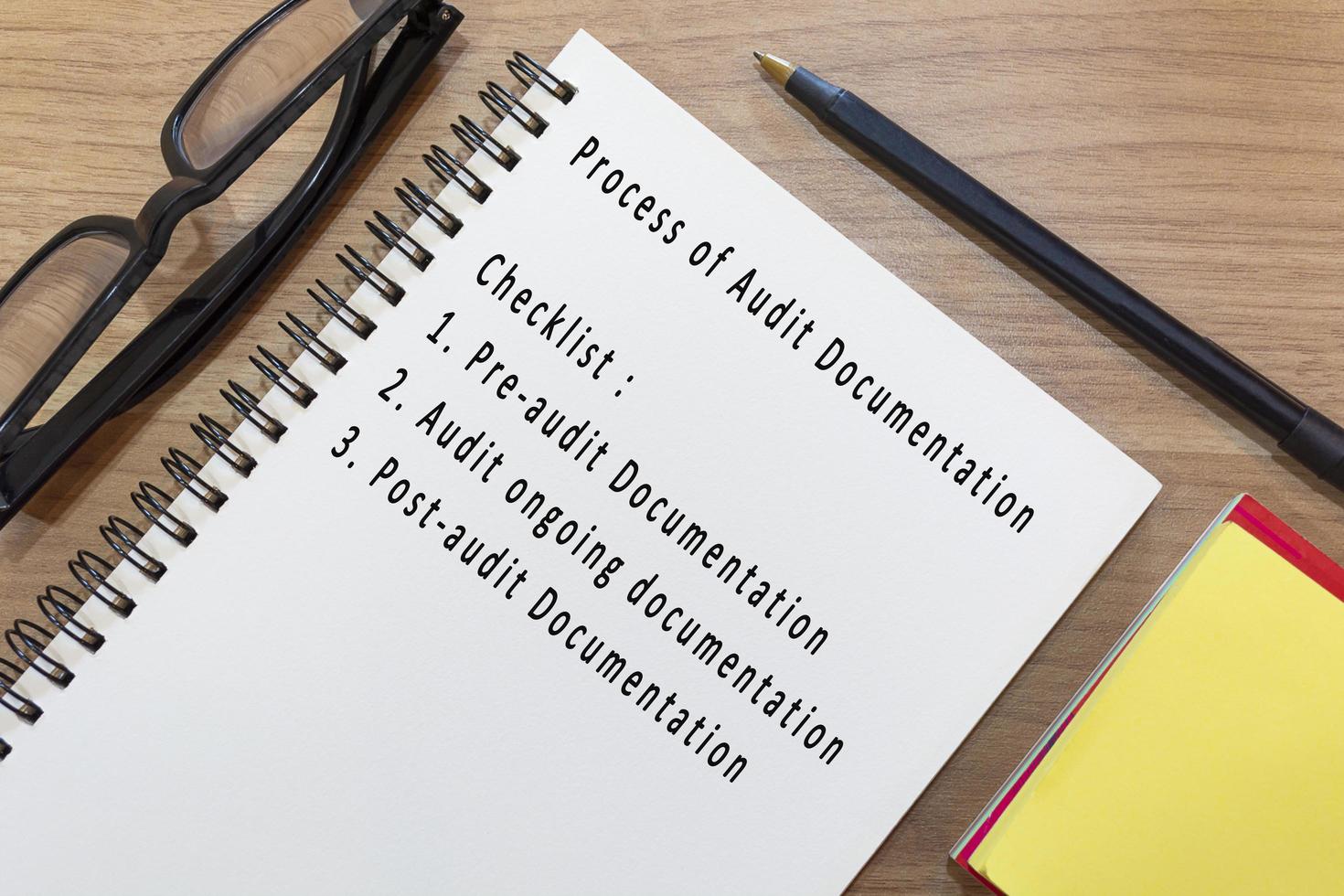 Text on notepad with yellow note and study glasses. Accounting concept photo