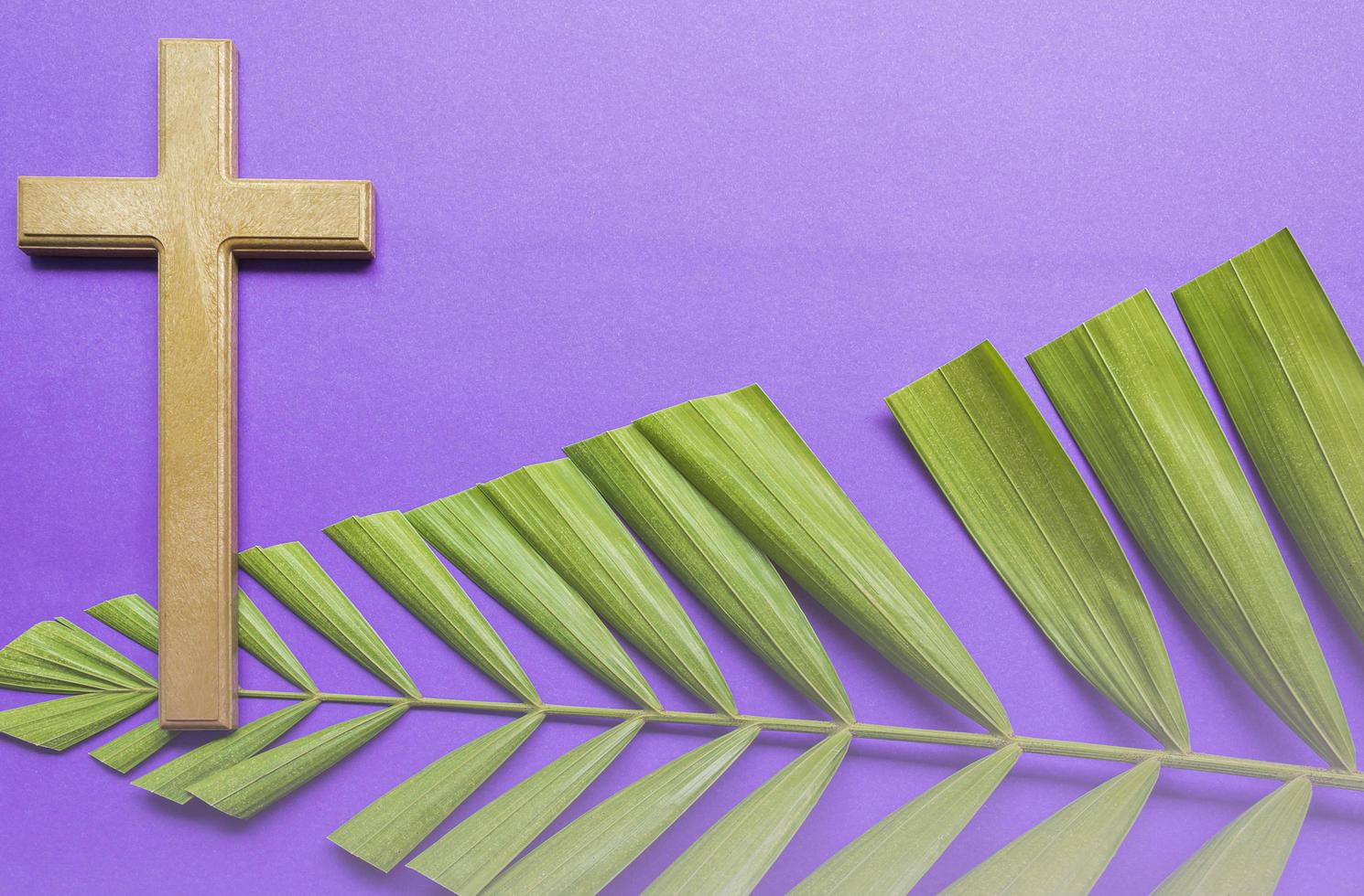Cross and palm leaves on purple background. Lent season concept. photo