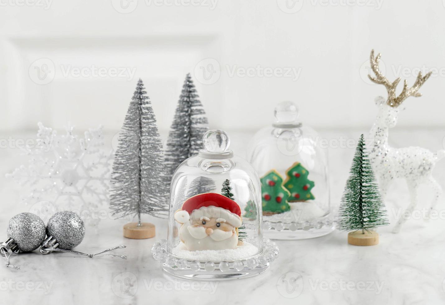 White Christmas Concept, Santa Claus Cookies with Icing Sugar . Copy Space for Text and Advertisement photo