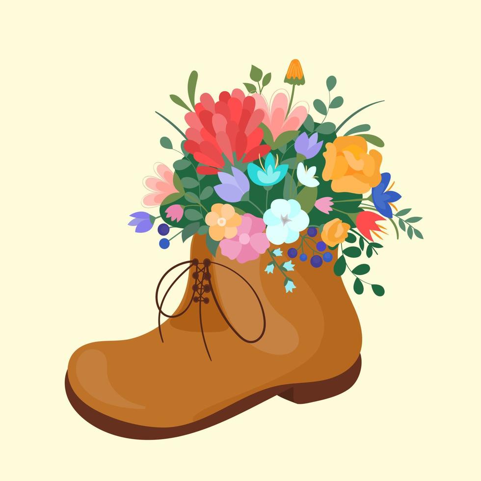 ilustración vectorial bota de resorte en cordones con ramo floreciente flores de primavera, algodón. estilo plano de símbolo de primavera. vector