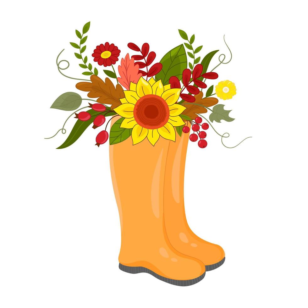 Vector illustration autumn wellies boots with blooming bouquet autumn flowers.