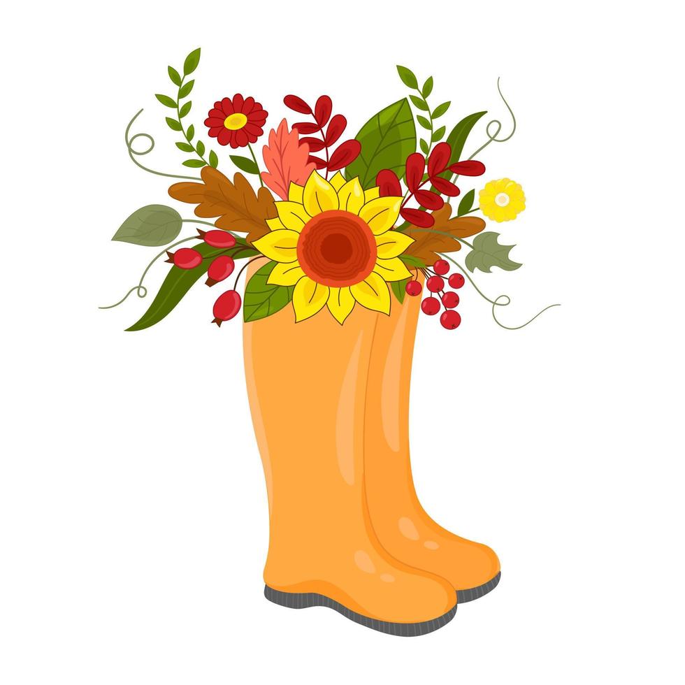 ilustración vectorial botas de agua de otoño con ramo floreciente flores de otoño. vector