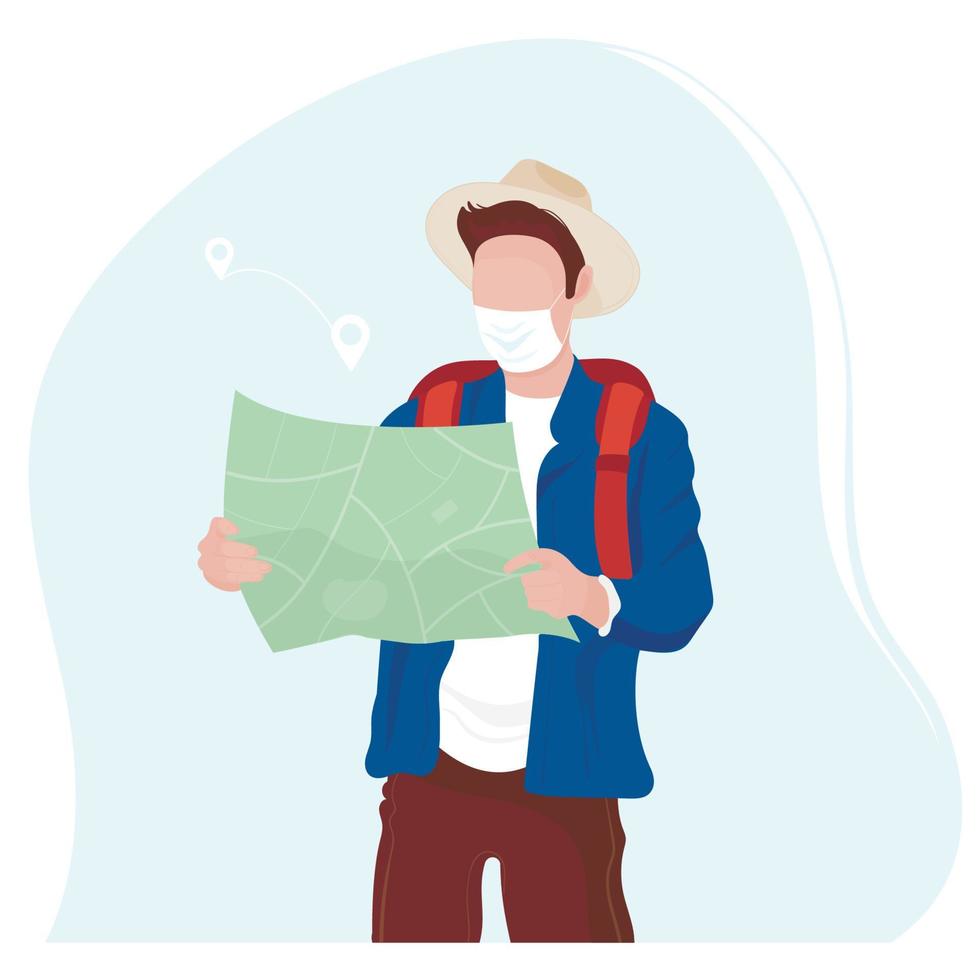 Vector illustration travelling man with mask and map in period quarantine and coronavirus